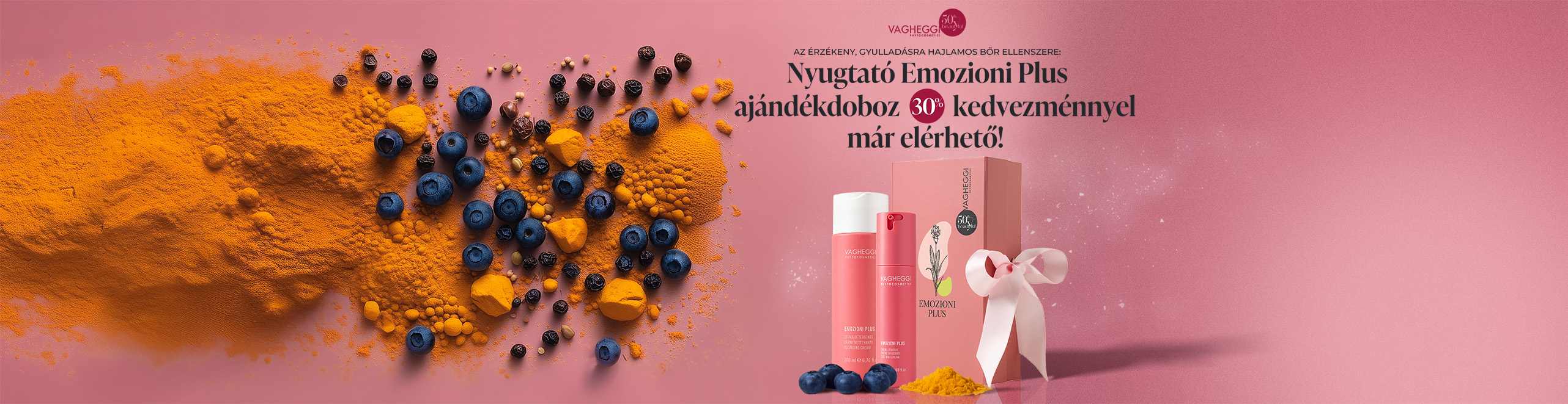 A képen Pokorny Lia látható. Sötét lilla háttérrel az új 75.25 Longevity termékcsaládból az arany színű 3D olaj, átlátszó ampulla és a nappali krém. A feliat a termékek alatt: Pokorny Lia ajánlásával.